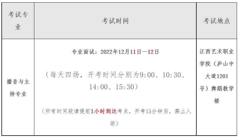 2024年播音与主持类专业统考江西艺术职业学院考点温馨提示